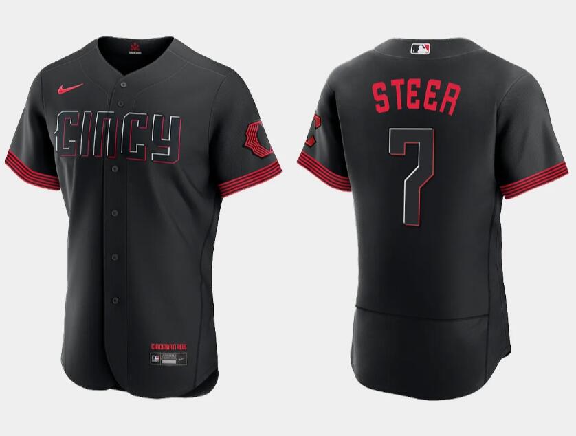 Men's Cincinnati Reds #7 Spencer Steer Black 2023 City Connect Cool Base Stitched Baseball Jersey